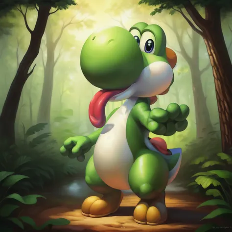 a yoshi in a serene forest,greenery,nature,beautiful detailed eyes,long tongue,fuzzy skin,peaceful expression,nature's balance,p...