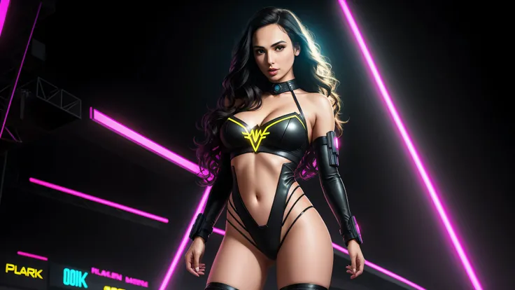 there is GAL GADOT standing, long hair, 3 d neon art of a womans body, neon-noir background, cyberpunk femme fatale, seductive cyberpunk dark fantasy, cyberpunk strip clubs, cyberpunk 20 y. o model girl, oppai cyberpunk, banner, high definition cgsociety, ...