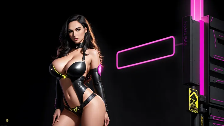 there is GAL GADOT standing, long hair, 3 d neon art of a womans body, neon-noir background, cyberpunk femme fatale, seductive cyberpunk dark fantasy, cyberpunk strip clubs, cyberpunk 20 y. o model girl, oppai cyberpunk, banner, high definition cgsociety, ...