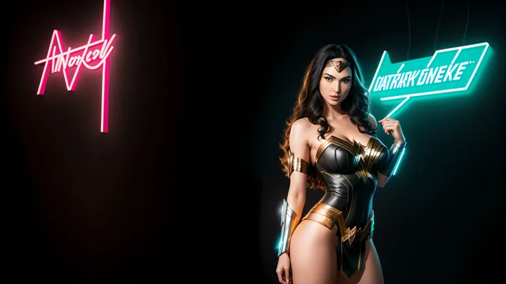 there  IS GAL GADOT AS WONDER WOMAN standing, long hair, 3 d neon art of a womans body, neon-noir background, cyberpunk femme fatale, seductive cyberpunk dark fantasy, cyberpunk strip clubs, cyberpunk 20 y. o model girl, oppai cyberpunk, banner, high defin...