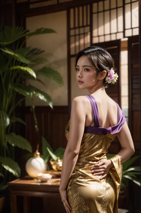 A cinematic silhouette of an Indonesian girl with short hair posing with her back turned and facing the camera wearing authentic, sexy Balinese traditional clothing, the top is slightly open and there is a brown and purple shawl, the place is in a living r...