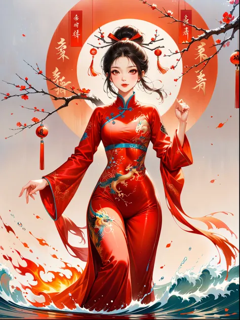 中国风大师work,lifelike,shining,Chinese traditional ink painting, willow branch, Wu Changshuo, ((masterpiece)), best quality, illustration, A Chinese girl is practicing Tai Chi, wearing a training suit with a background of Tai Chi diagram, water, fire, qi, and ...