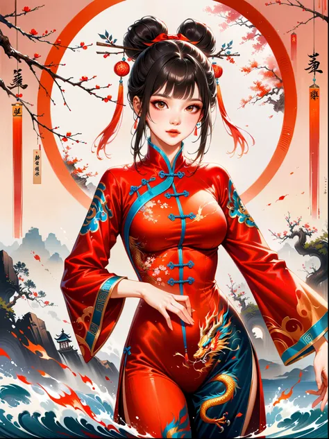 中国风大师work,lifelike,shining,Chinese traditional ink painting, willow branch, Wu Changshuo, ((masterpiece)), best quality, illustration, A Chinese girl is practicing Tai Chi, wearing a training suit with a background of Tai Chi diagram, water, fire, qi, and ...