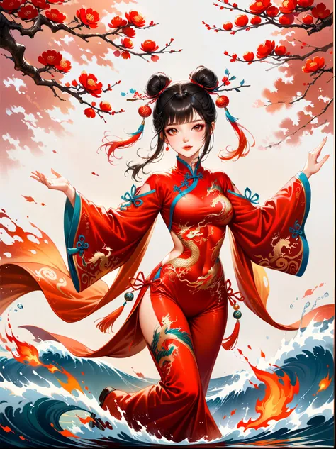 中国风大师work,lifelike,shining,Chinese traditional ink painting, willow branch, Wu Changshuo, ((masterpiece)), best quality, illustration, A Chinese girl is practicing Tai Chi, wearing a training suit with a background of Tai Chi diagram, water, fire, qi, and ...