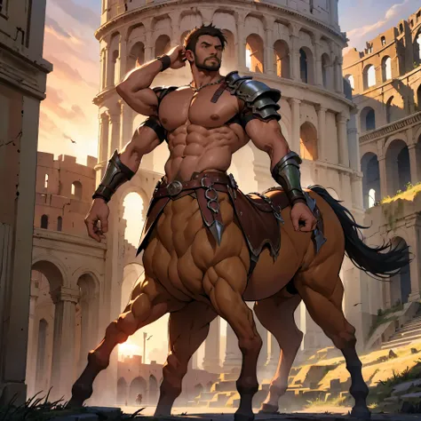 1boy, solo, highly detailed full body full color photo of a centaur:1.2, standing, tall, green short hair, gauntlets, bare chest, detailed muscular physique, lifelike depiction, 4K resolution. Background: Colosseum during a spectacular sunset,32k uhd, best...