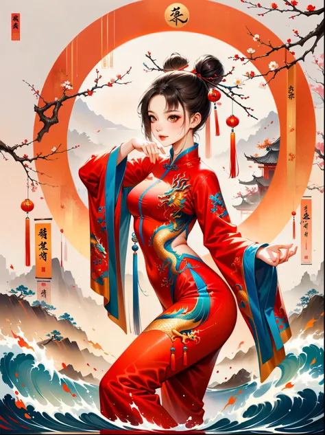 中国风大师work,lifelike,shining,Chinese traditional ink painting, willow branch, Wu Changshuo, ((masterpiece)), best quality, illustration, A Chinese girl is practicing Tai Chi, wearing a training suit with a background of Tai Chi diagram, water, fire, qi, and ...