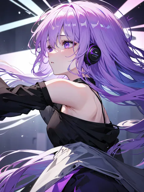 purple hair，profile，female person，headphoneike stand、purple suit set、black shirt、cutter shirt、blue pubic hair in the eye