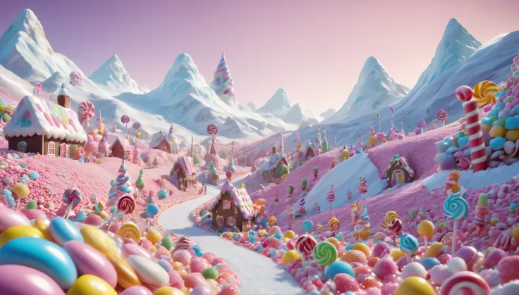 (best quality,4k,8k,highres,masterpiece:1.2), a tiny candyland filled with assortments,  perfect illustration, semi-realism, dyn...