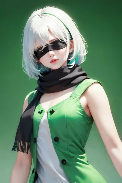 1 girl,  (Blindfolded with scarf:1.3),  green background,  Upper body, white hair, Sky