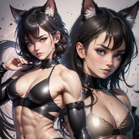 (Top quality, super details: 1.2), muscular body, toned body, abs of steel, anime style, cat ears girl, black hair, hair bobble, wince, long eyelashes, solid circle eyes, fake animal ears, light smile, ear blush, fangs, surrealism, cast shadow, anaglyph, s...