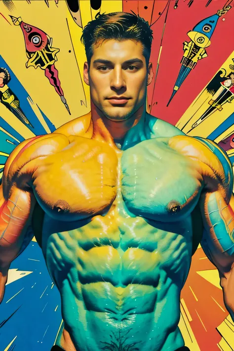 (A muscular man:vivid colors,shirtless:1.1,Kirbywood style,vintage color comics,showcasing:1.1,sharp focus,hi-res details,intricate features,creating,vivid colors,masterpiece:1.2,8k quality) cubism background, symmetrical poster