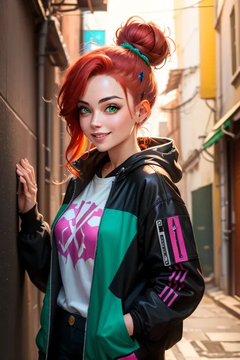 photorealistic, high resolution, 1 beautiful female, beautiful emerald eyes, top bun red hair, smiling, cyberpunk streetwear, leaning against the wall, background back alley street, dramatic, chromatic aberration. 