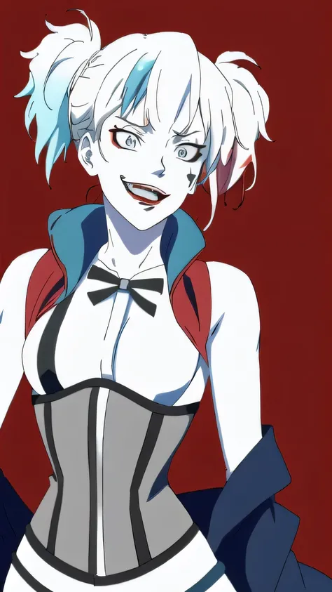 (Illustration, high resolution, best quality: 1.5, masterpiece, minimalist, flat colors: 2, simplistic detail, anime), solo: 2, adult female, sexy female, harley quinn, crazy look, open mouth, happy, jacket, evil smile, vox machina style, corset, wide shot...