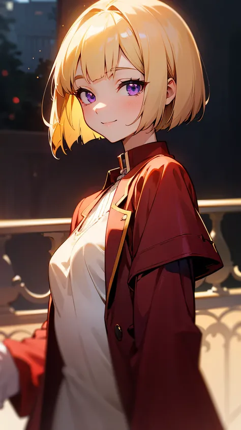 1 girl、anime painting、upper body close-up、From the side、Natural proportions、slender、small breasts、smile、white skin、(blonde)、bob cut、beautiful purple eyes、red jacket、(long sleeve blouse)、ruffle blouse、Morning Cafe Terrace、background bokeh、written boundary d...