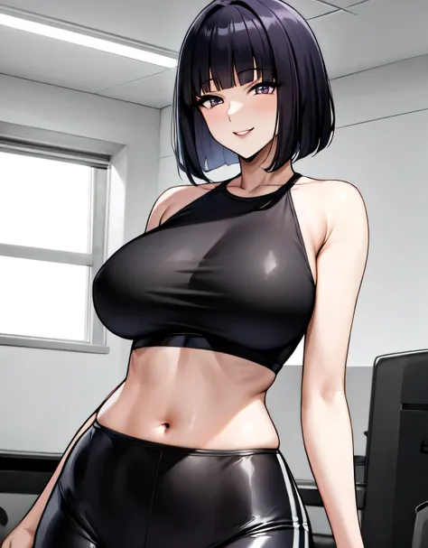 indoor,gym,wide hips,shiny black yoga pants,shiny black sport bra,((sensitive smile)),medium hair,((blunt bangs)),(light Purple eyes),beautiful skin,(shiny skin),black hair,(large breasts:1.5),(shiny hair),((solo)),((masterpiece)),((best quality)),perfect ...