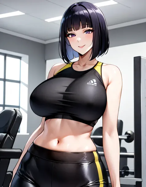 indoor,gym,wide hips,shiny black yoga pants,shiny black sport bra,((sensitive smile)),medium hair,((blunt bangs)),(light Purple eyes),beautiful skin,(shiny skin),black hair,(large breasts:1.5),(shiny hair),((solo)),((masterpiece)),((best quality)),perfect ...