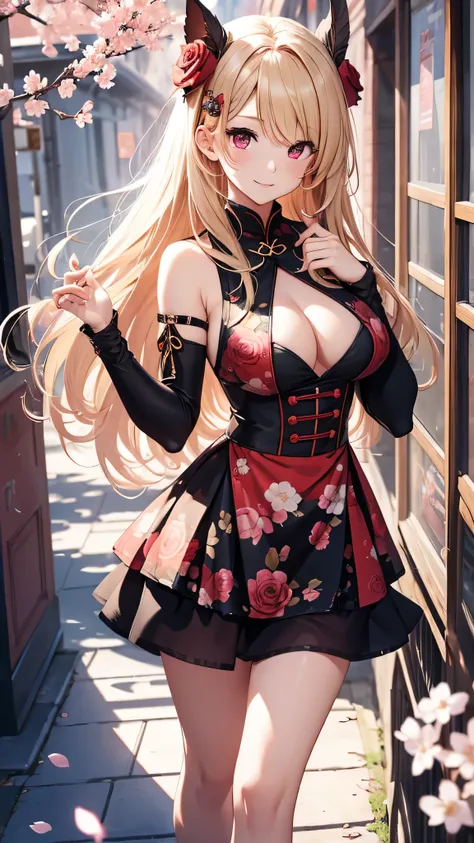 最high quality、best image quality、masterpiece、girl((18-year-old、 By becoming、vest bust、medium bust,wide open breast tea、red glowing eyes, blonde、messy hair、long hair、thin,highest valley、Show the whole body、black cheongsam、open chest、black wristband、red high...