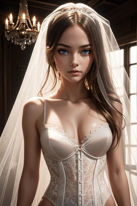 Amberleigh West, wearing nude veil bride lingerie corset costume transparent. professionally retouched, soft lighting, realistic, smooth face, perfect eyes, sharp focus on eyes, 8 k, high definition, insanely detailed, intricate, elegant. be in the bedroom...