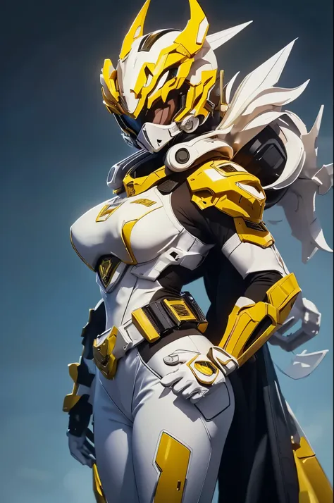 (best quality,4k,8k,highres,masterpiece:1.2),ultra-detailed, a close up of Female Sentai Ranger in a white suit with gold gloves and gold boots, detailed white armor, intricate white armor, streamlined white, Helmet shaped like a tyrannosaurus head. face h...