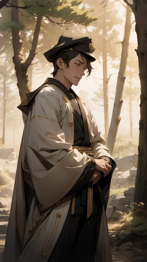 A young man wearing a scholars square cap, clear and bright eyes, a dignified and refined face, a friendly smile, short hair is peeking out the cap, tall and slender figure, a fantasy-style scholars long robe coat with a long hem, wide sleeves, loose trous...