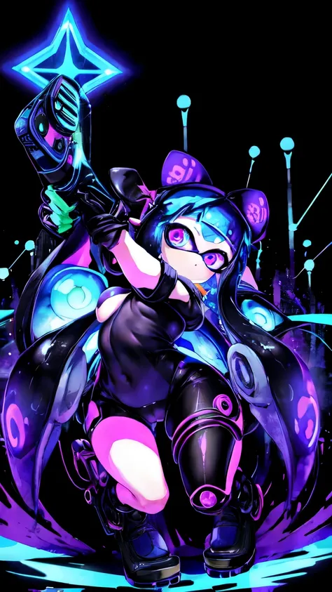 Black light, Splatoon Girl, ((whole body))、From above、black background, big and cute eyes、Eyes that shine like rays of light、Dynamic pose with weapon、cool pose、big breasts、