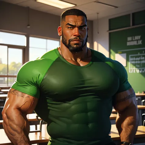 an exaggeratedly muscular and large bodyguard, beefy build, beard, dark-skinned african american male, buzzcut hair with square line, (worried expression: 1.2), (wearing bright green raglan shirt: 1.2), barely buttoned, school logo on shirt, (bara pecs: 1....