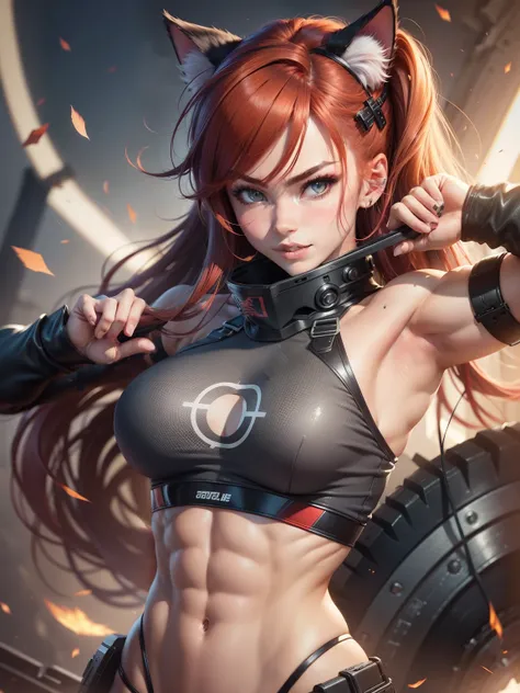 (Top quality, super details: 1.2), muscular body, toned body, abs of steel, anime style, cat ears girl, red hair, hair bobble, wince, long eyelashes, solid circle eyes, fake animal ears ,young face, light smile, ear blush, fangs, surrealism, cast shadow, a...