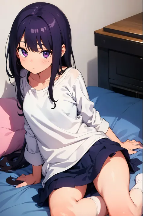 girl&#39;s room　elementary school girl　backwards　8-year-old　flat chest　black hair　long hair　The eyes are purple　（（1 person））　Half Sleeve Blouse　　Lower body navy blue miniskirt　white panties（（white pantiesが見える））　white socks　sitting in the room　dynamic angle...