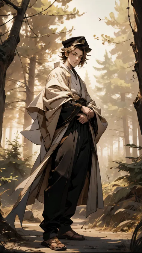 A young man wearing a scholars square cap, clear and bright eyes, a dignified and refined face, a friendly smile, short hair is peeking out the cap, tall and slender figure, a fantasy-style scholars long robe coat with a long hem, wide sleeves, loose trous...