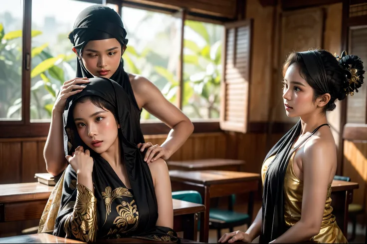 2 cinematic silhouettes of an Indonesian girl with short hair and a girl wearing a hijab who is sweating while posing facing the camera wearing authentic, sexy Balinese traditional clothing, the top is slightly open and there is a brown and black shawl and...