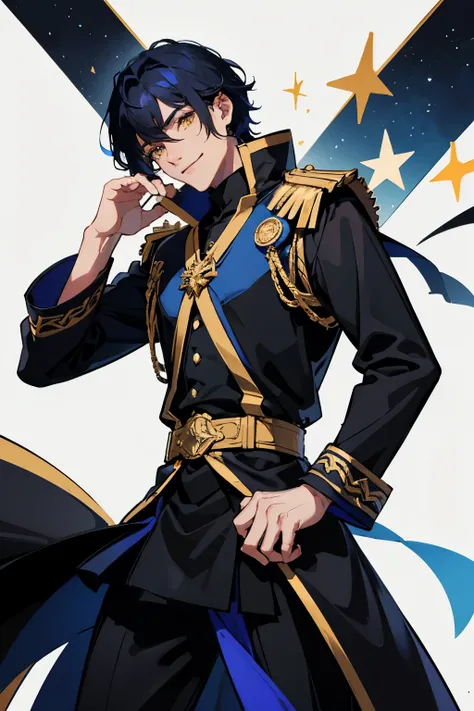 1 male, a men who is twenty-five year old, Dark-blue haired male character, Dark-blue medium-length hair, half body, high precision, fine, male character, HD face, fine eyes, yellow eyes like the star, modern clothing, black shirt, white tunic, single, bla...