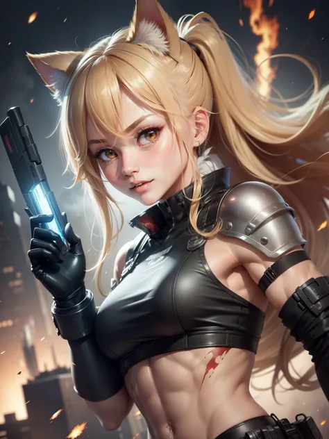 (Highest quality, super details: 1.2), muscular body, toned body, abs of steel, anime style, cat ears girl, cheeky face, burning city, blonde hair, hair bobble, wincing, long eyelashes, solid circle eyes, fake animal ears, young face, light smile, ear blus...