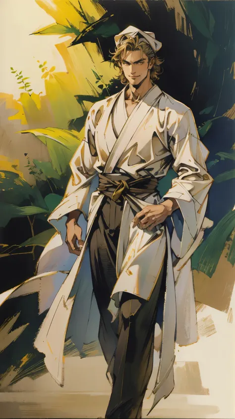 A young man wearing a scholars square cap, clear and bright eyes, a dignified and refined face, a friendly smile, short hair is peeking out the cap, tall and slender figure, a fantasy-style scholars long robe coat with a long hem, wide sleeves, loose trous...