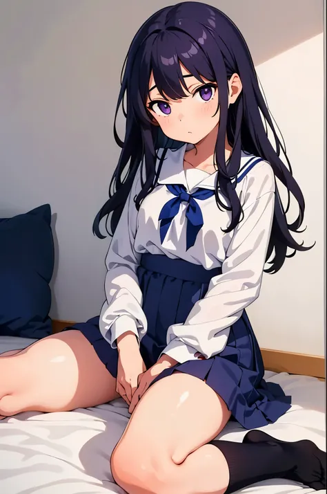 girl's room elementary school girl backwards 8-year-old flat chest black hair long hair The eyes are purple ((1 person)) Half Sleeve Blouse Lower body navy blue miniskirt white panties((white pantiesが見える)) white socks sitting in the room dynamic angle...