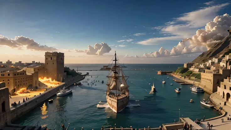 Visualize a fierce battle scene as Roman soldiers attack the port city of Aden. Show Roman warships in action, with catapults launching projectiles and soldiers storming the city walls, depicting the moment of disruption in Arab trade.