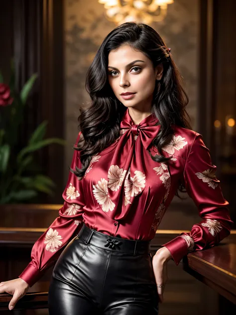 morena baccarin, long curly hair, gorgeous eyes, high arched eyebrows, seductive look, (bow blouse silk shirt with floral print:...