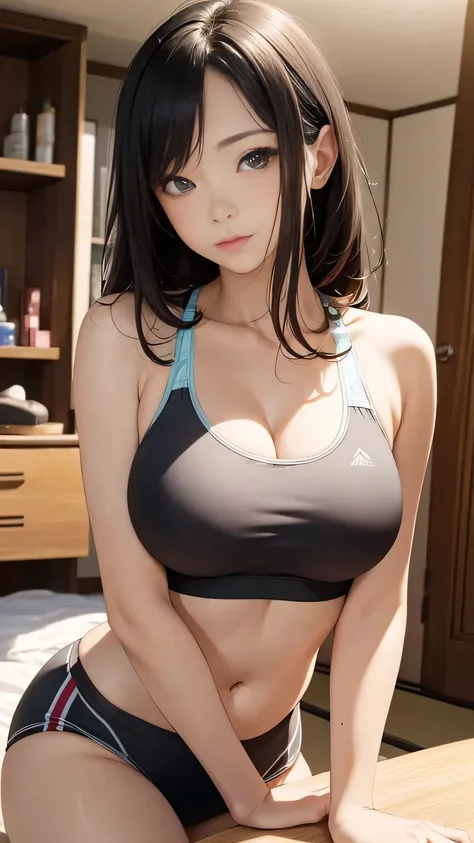 (((high resolution)))、(((masterpiece)))、(((Japanese beauty)))、40 years old, cool woman, perfect face, detailed face, detailed eyes, cute face、big breasts、(Plump)、(((sports bra)))、(((panty)))、girl room, chuby, big tits