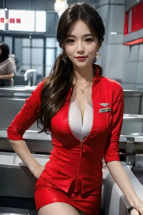 perfect slim body、AirAsia stewardess uniform、Long sleeve red jacket、Red fabric