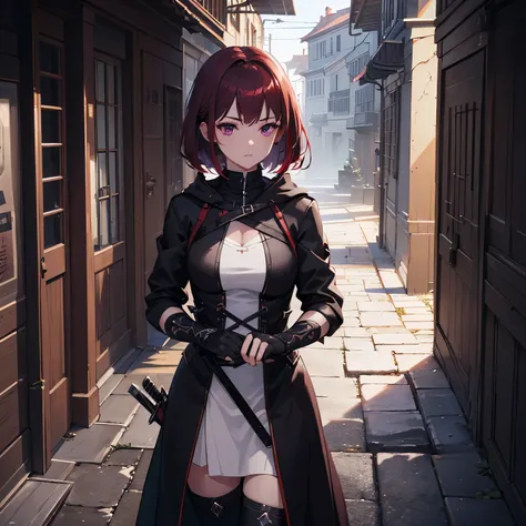 (Highly detailed CG Unity 8K wallpaper, masterpiece, highest quality, Super detailed), best illumination, white hood, Shadow, Mysterious, intense, (1 female) , Dark red hair, purple eyes, Deadly Weapons, sharp knife, black clothes, dark alley, moonlight, (...