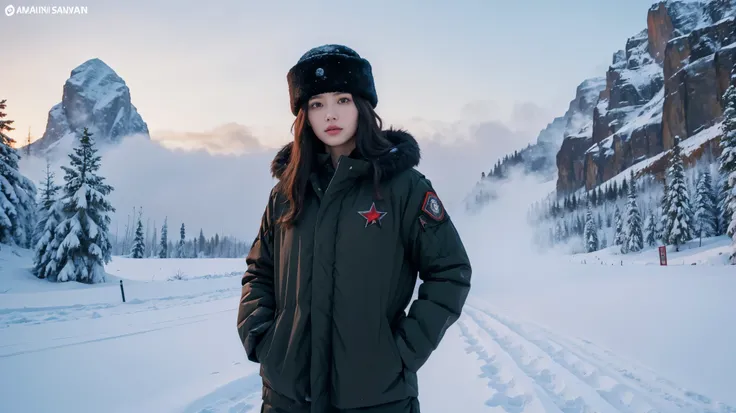 ((best quality)), ((masterpiece)), (detailed), perfect face, beautiful female, tall body, black hair, long hair, winter military uniform, thick winter combat suit, ushanka, ushanka with a red star in the middle, standing in the middle of a snowy mountain, ...