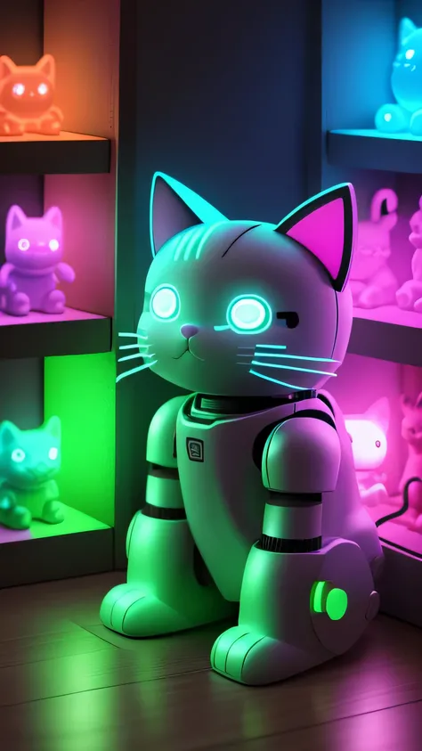 toy shelf with neon lights, toy cat, toy robot, 8k