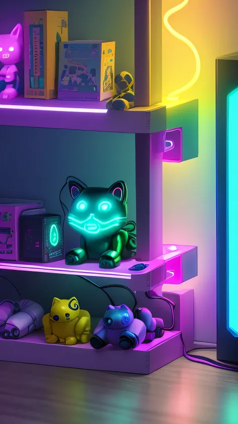 toy shelf with neon lights, toy cat, toy robot, 8k