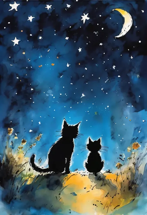 Quentin Blake style photo、Cat patrolling at night、starry sky、Portrait、High resolution、Beautiful poop、highest quality、masterpiece、very detailed