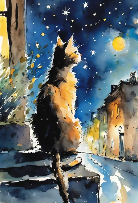 Quentin Blake style photo、Cat patrolling at night、starry sky、Portrait、High resolution、Beautiful poop、highest quality、masterpiece、very detailed