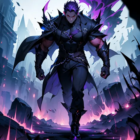 1 boy proses power of darkness, full body, power darkness, epic environment, darkness aura, red eyes, around body colour dark purple, gentleman, Strong body structure,