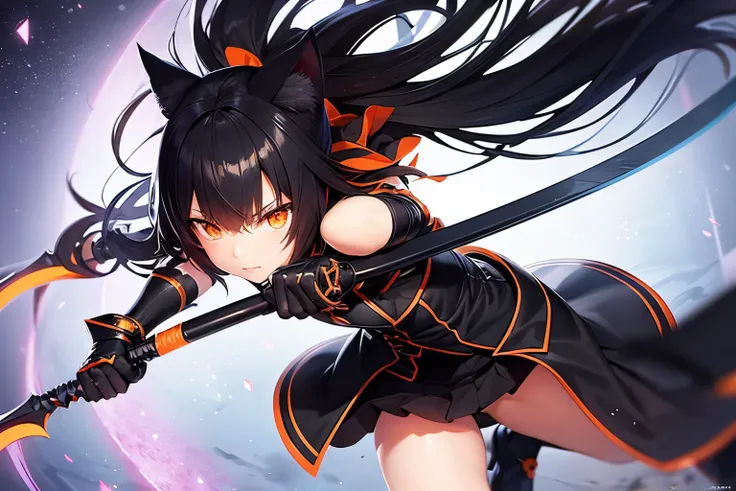 an anime catgirl assassin with dual wielded scythes, black hair, orange eyes, cat ears, a shiny leather armor in the colors balck and orange