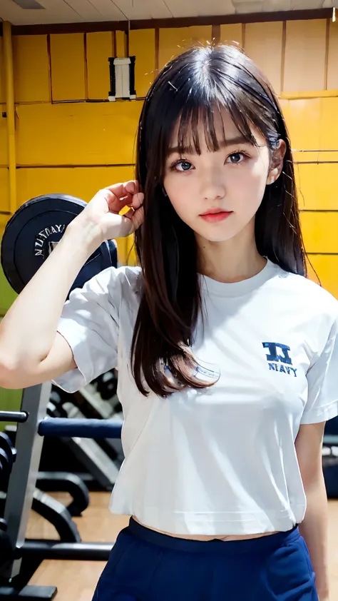 ((navy blue bloomers:1.5)), ((Junior high school gym shirt, white t-shirt:1.5)),The cutest gravure idol pose in the world、perfect proportions、cute、((18 year old female:1.2))、young adorable japanese face，official art，Highly detailed CG Unity 8K wallpaper，（m...