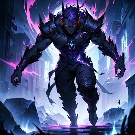 1 boy proses power of darkness, full body, power darkness, epic environment, darkness aura, red eyes, around body colour dark purple 