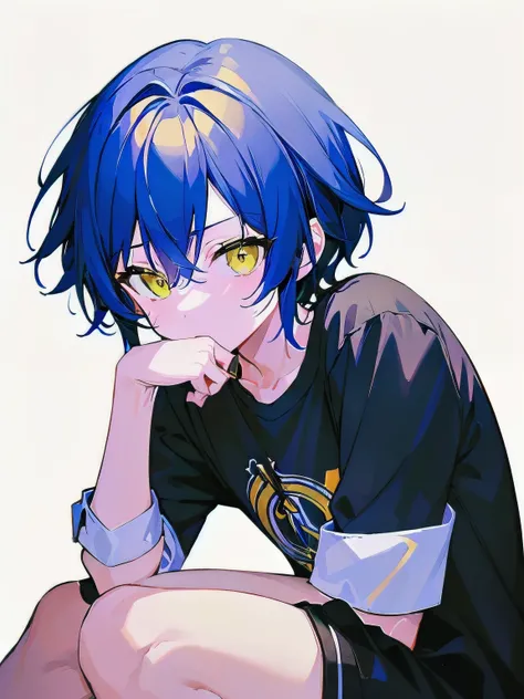 [(WHITE BACKGROUND:1.5),::5], ((((masterpiece)))), high quality, very_high_resolution, large_filesize, full color, ((younger boy)), 13 old year, short deepblue hair, vivid color, ((yellow eye)), civilian clothes white, anime, Below the knee to upper body,