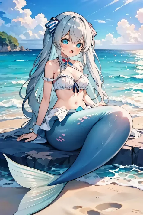 masterpiece, best quality,a girl,lolita,big breasts,mermaid,blue mermaid tail,full-body shot,beach,sea view,sit on the beach,ope...